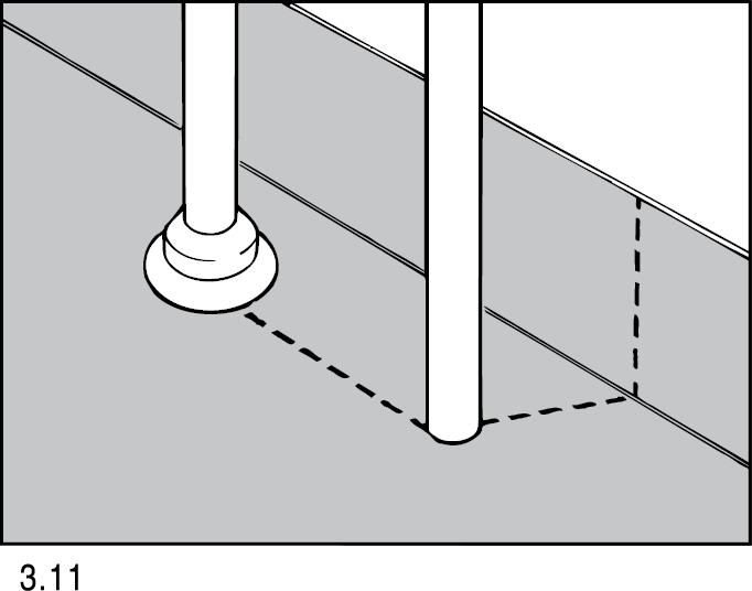 Vid avloppsrör med diameter 60 mm eller större kan ett uppvik av ca 15 mm erhållas genom att kränga mattan över röret. Vik mattan mot röret.