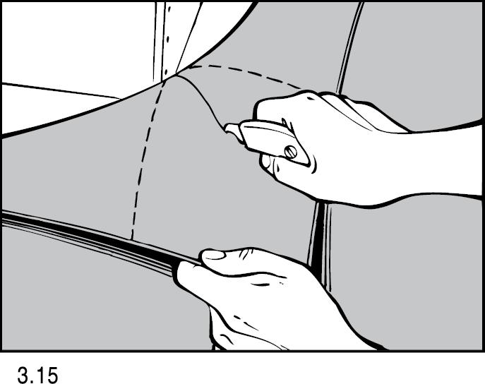 Hjälplinjerna på bilden visar hörnet "överfört" till mattan och snittets placering i 45 vinkel.