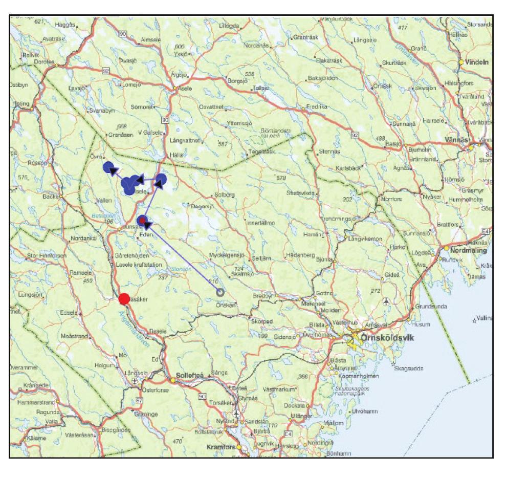 Red dots represent the harvest team s home base and blue dots represent the