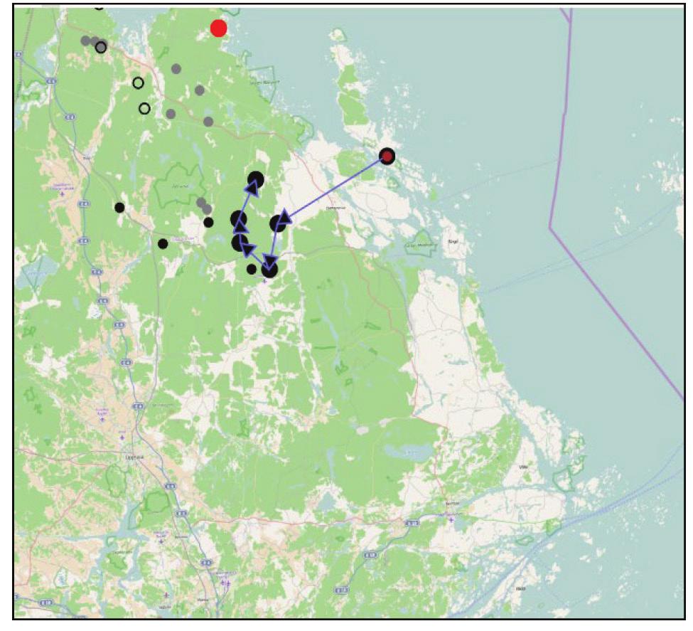 Other dots are areas allocated to the harvest team in other time periods.