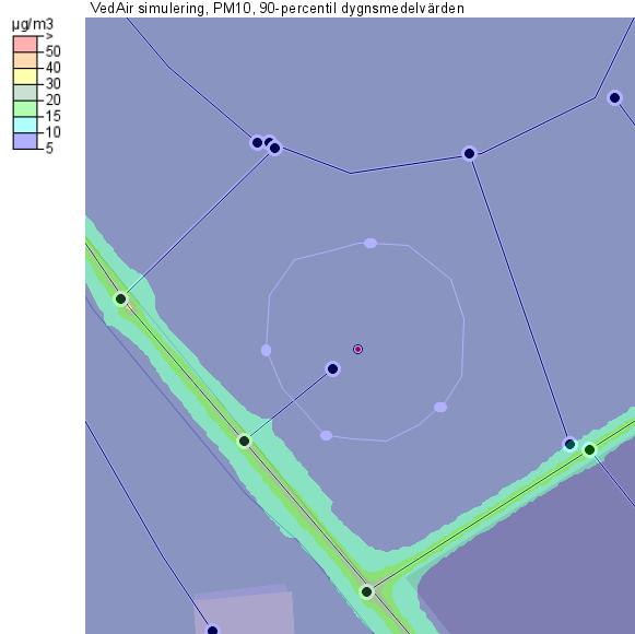 Figur 15. T.v Punktkälla beskriver emissionsmängderna från parkeringshuset, t.h. emissionsmängderna beskrivs av väglänkar som omsluter parkeringshuset.