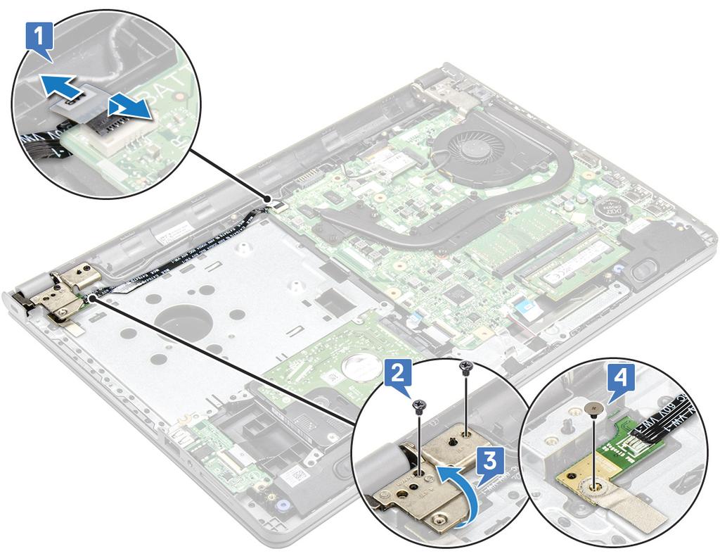 Installera strömbrytarkortet 1 Sätt knappkortet i chassit. 2 Fäst remsan som håller fast strömknappens kort. 3 Fäst moderkortets kabel till chassit. 4 Placera strömknappens kort och dra åt skruven.