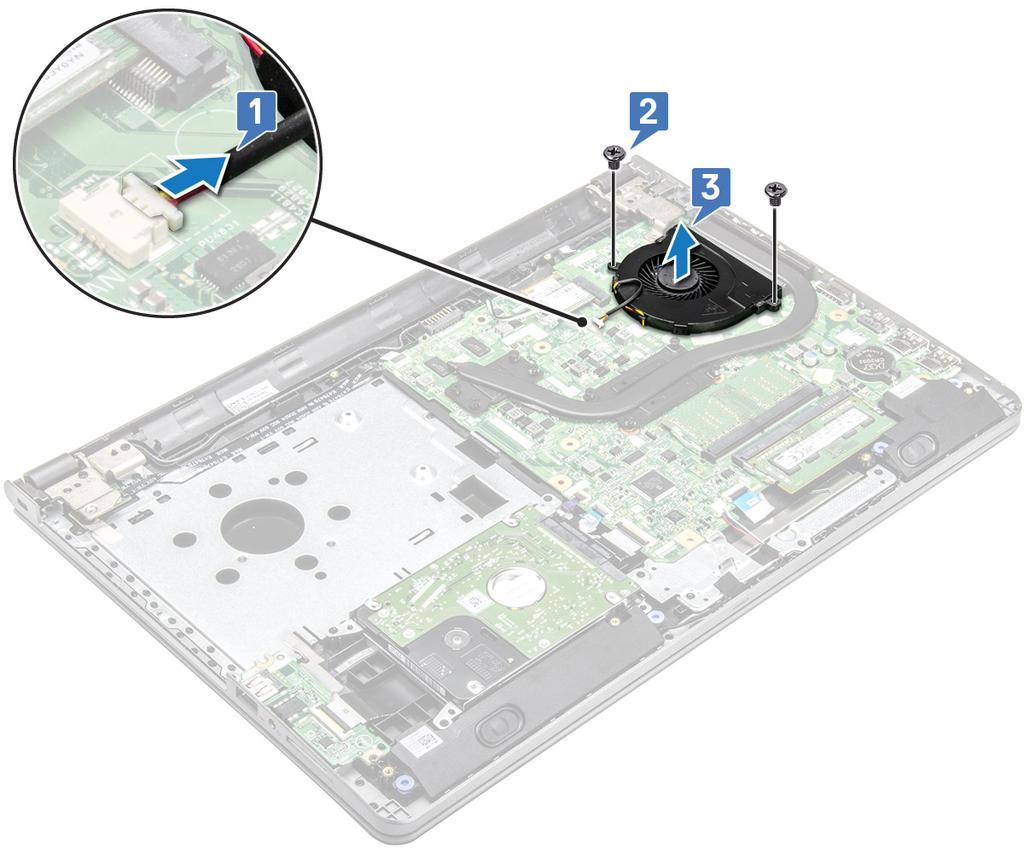 a b c d Batteriet Optisk enhet Tangentbord Kåpan 3 Ta bort systemfläkten genom att: a Ta bort anslutningskabeln för systemfläkten från moderkortet [1].
