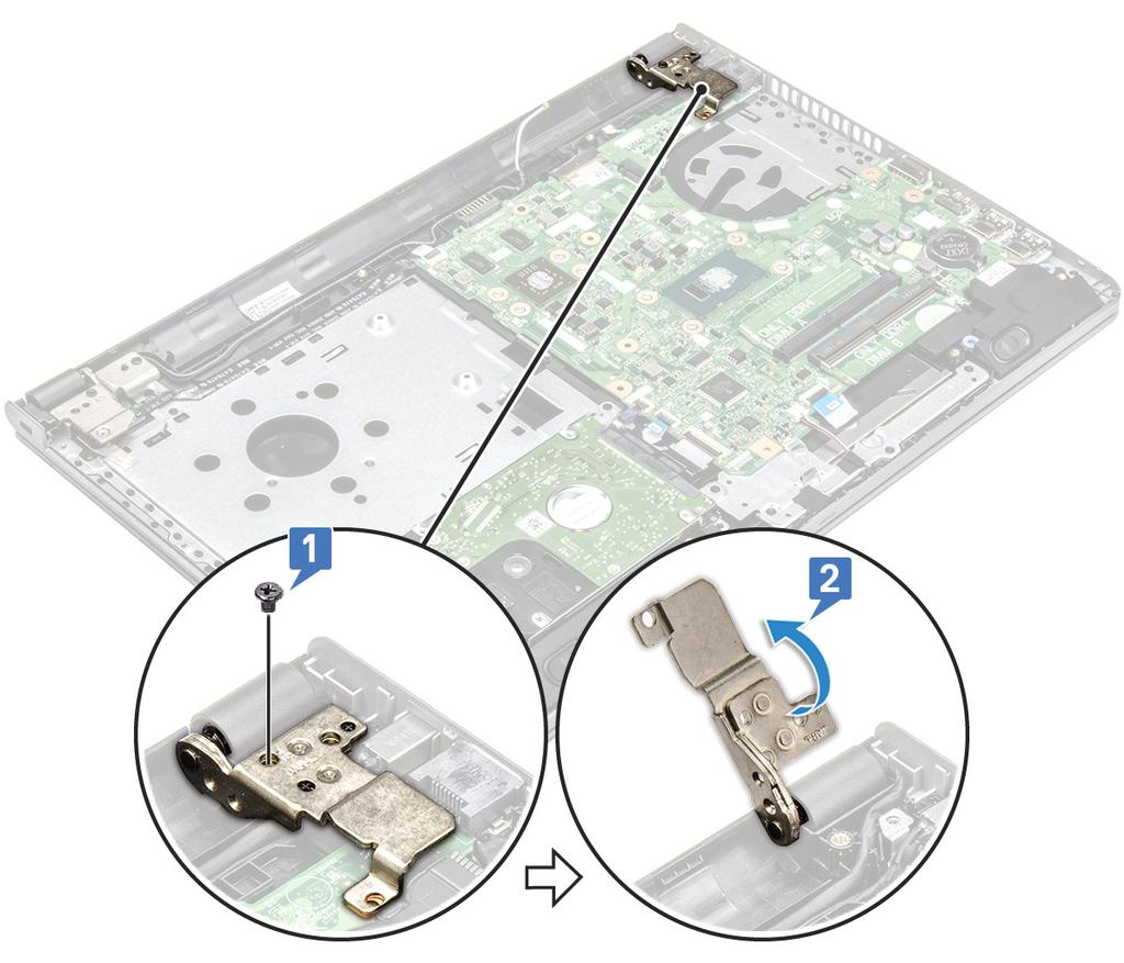 4 Installera: a Kåpan b Tangentbord c Optisk enhet d Batteriet 5 Följ proceduren i När du har arbetat inuti datorn. Moderkort Ta bort moderkortet 1 Följ anvisningarna i Innan du arbetar inuti datorn.