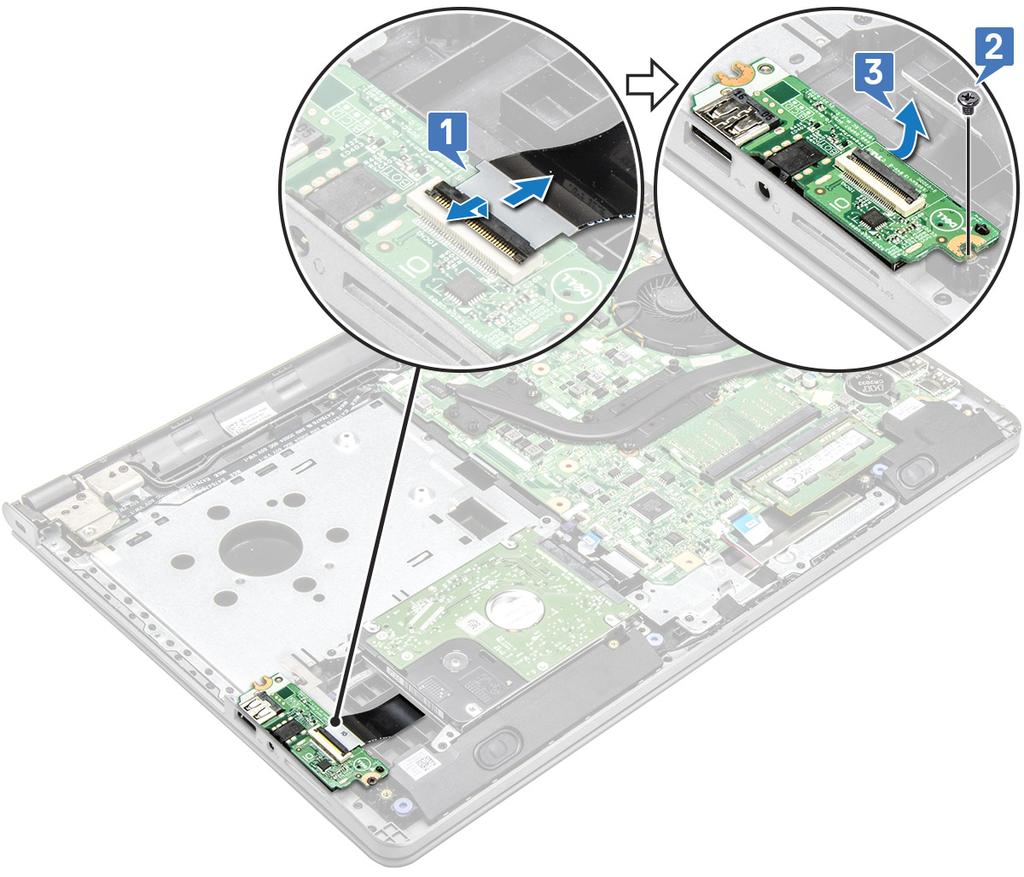 i Batteriet 9 Följ anvisningarna i När du har arbetat inuti datorn. Indata-/utdatakort (I/O) Ta bort indata/utdata-kortet 1 Följ anvisningarna i Innan du arbetar inuti datorn.