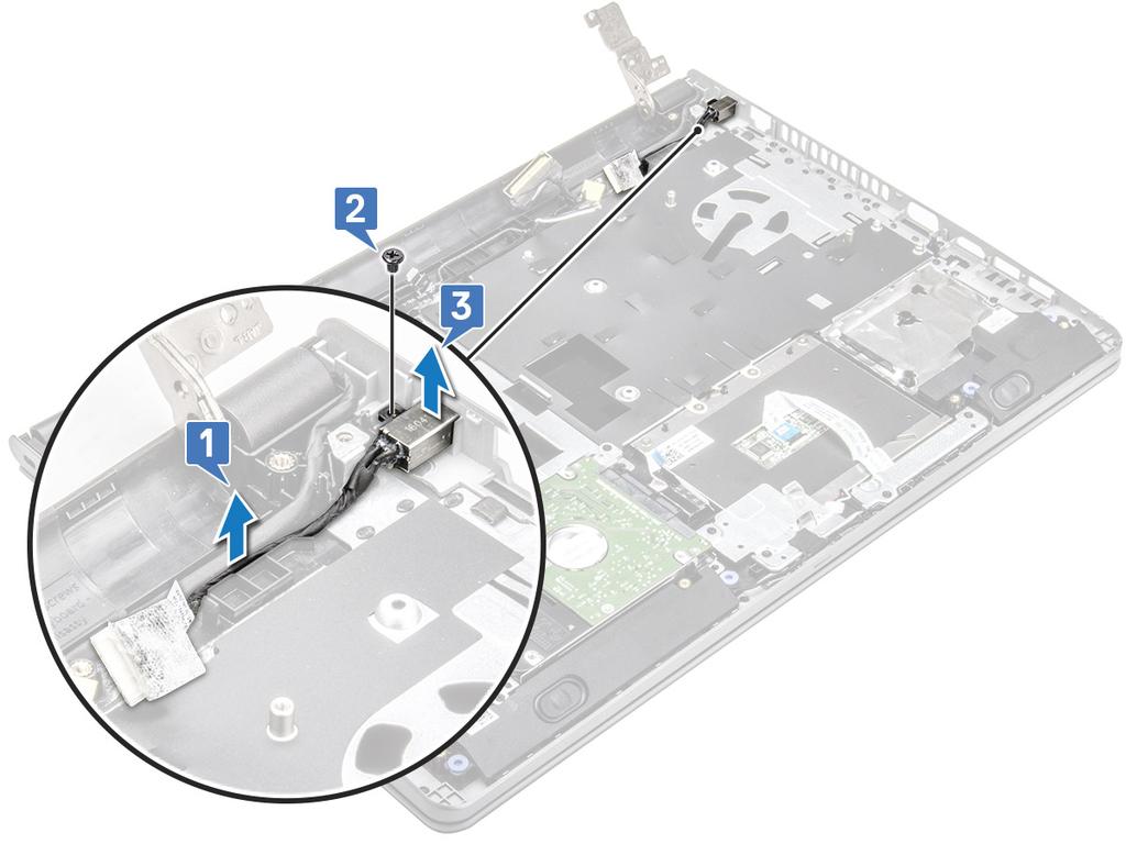 Installera strömbrytaren 1 Skjut in strömkontakten i facket på datorn. 2 Sätt fast batterikontakten i datorn med hjälp av en skruv (M2 x 3). 3 Dra strömkontaktskabeln i facket.