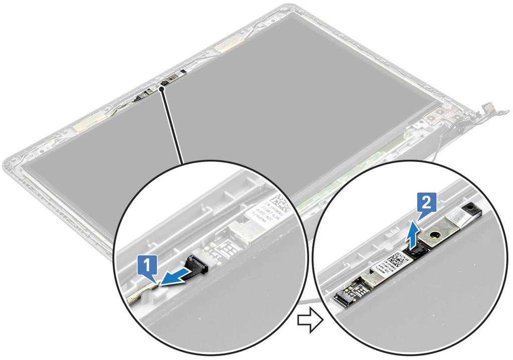 f Optisk enhet g Batteriet 4 Följ anvisningarna i När du har arbetat inuti datorn. Kamera OBS: Bildskärmspanel utan pekteknik Ta bort kameran 1 Följ anvisningarna i Innan du arbetar inuti datorn.