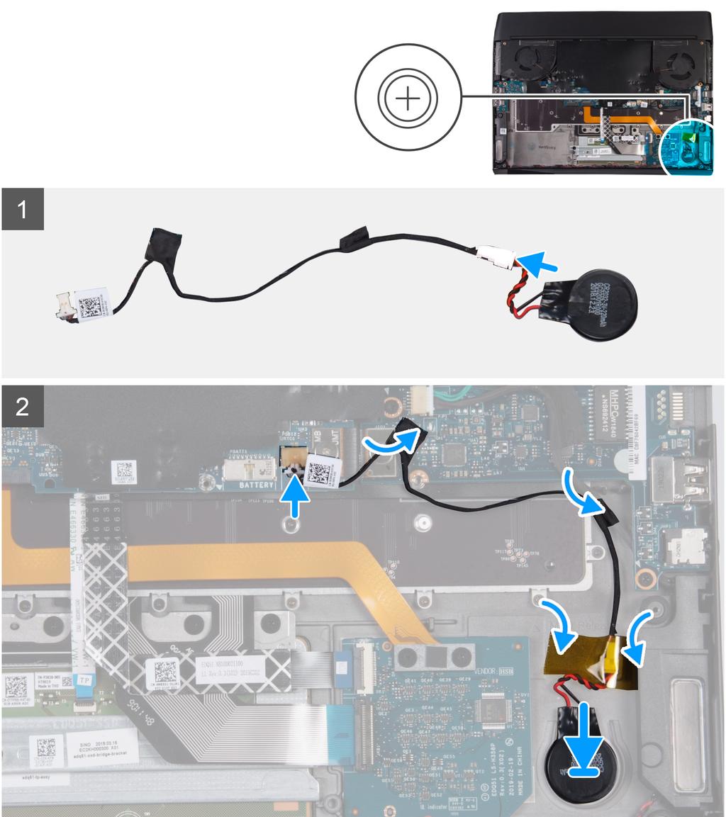 1. Koppla bort knappcellsbatterikabeln från kontakten på moderkortet. 2. Dra bort tejpen som håller fast knappcellsbatteriets kabel i det högra I/O-kortet och handledsstödet. 3.