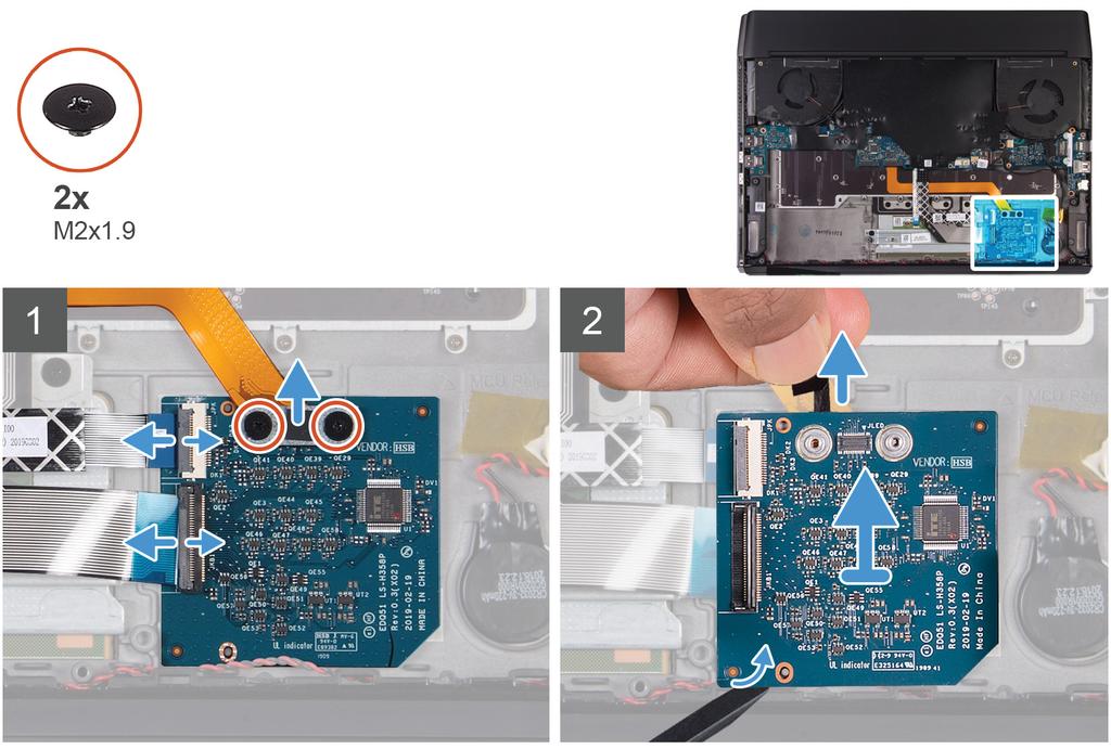 2. Fäst knappcellsbatteriet till dess plats på handledsstödet. 3. Sätt fast tejpen som håller fast knappcellsbatteriets kabel i det högra I/O-kortet och handledsstödet. 4.