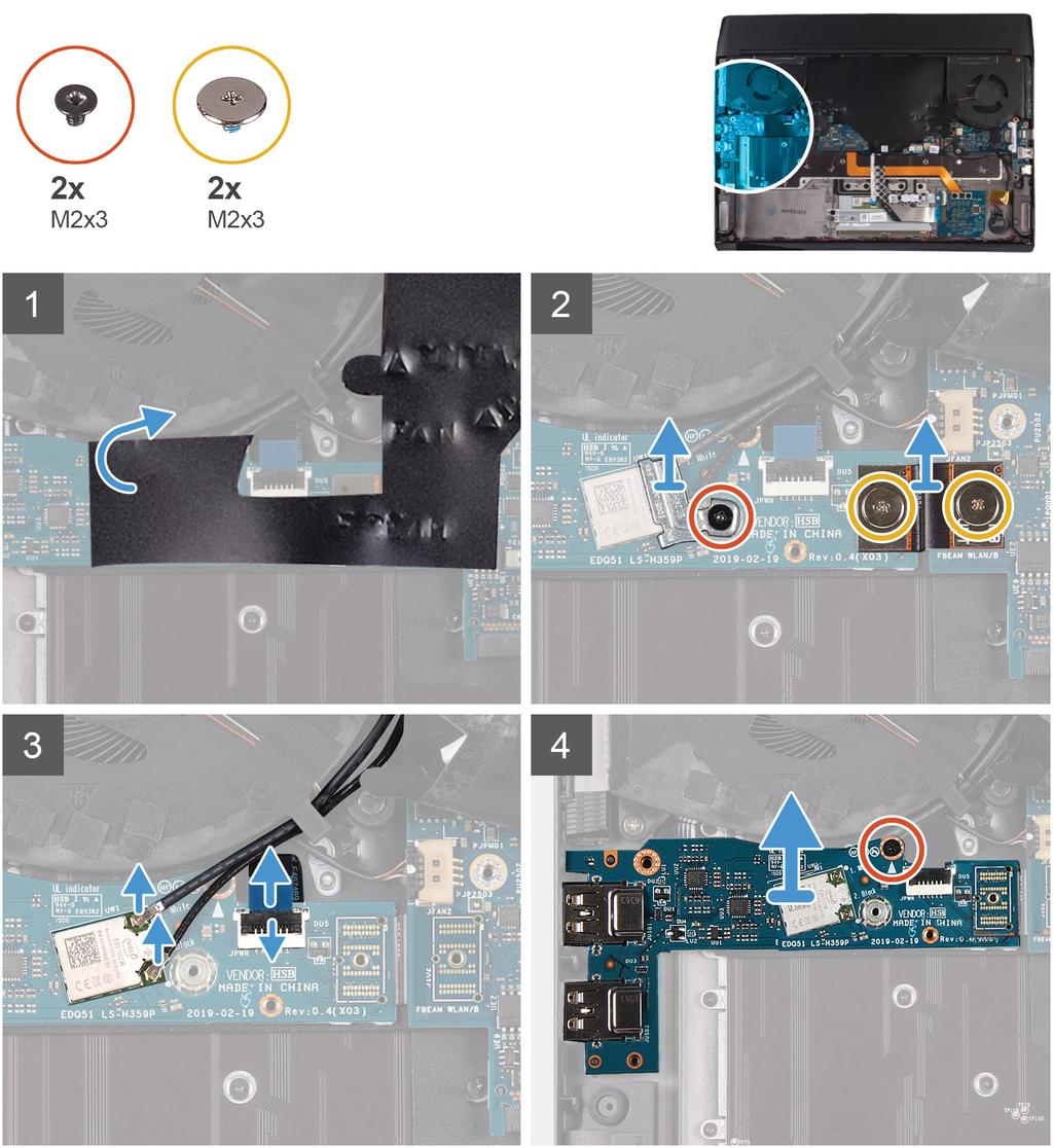 Vänster I/O-kort Ta bort det vänstra I/O-kortet 1. Följ anvisningarna i Innan du arbetar inuti datorn. 2. Ta bort kåpan. 3. Ta bort 2230 halvledarenheten. (om tillämpligt) 4.