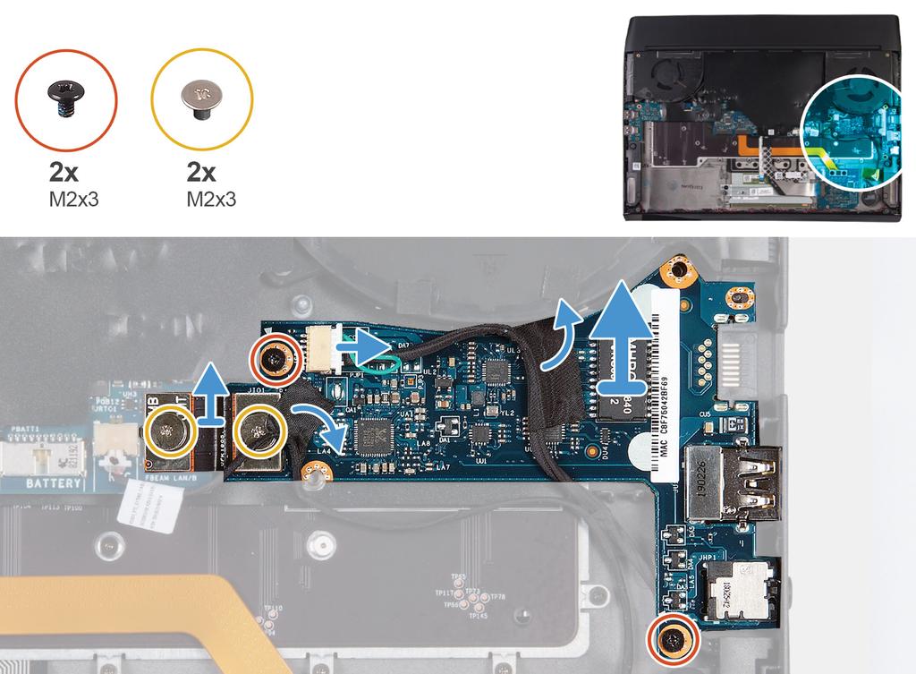 1. Ta bort de två skruvarna (M2x3) som håller det högra I/O-kortets kabel som ansluter till det högra I/O-kortet och moderkortet. 2.