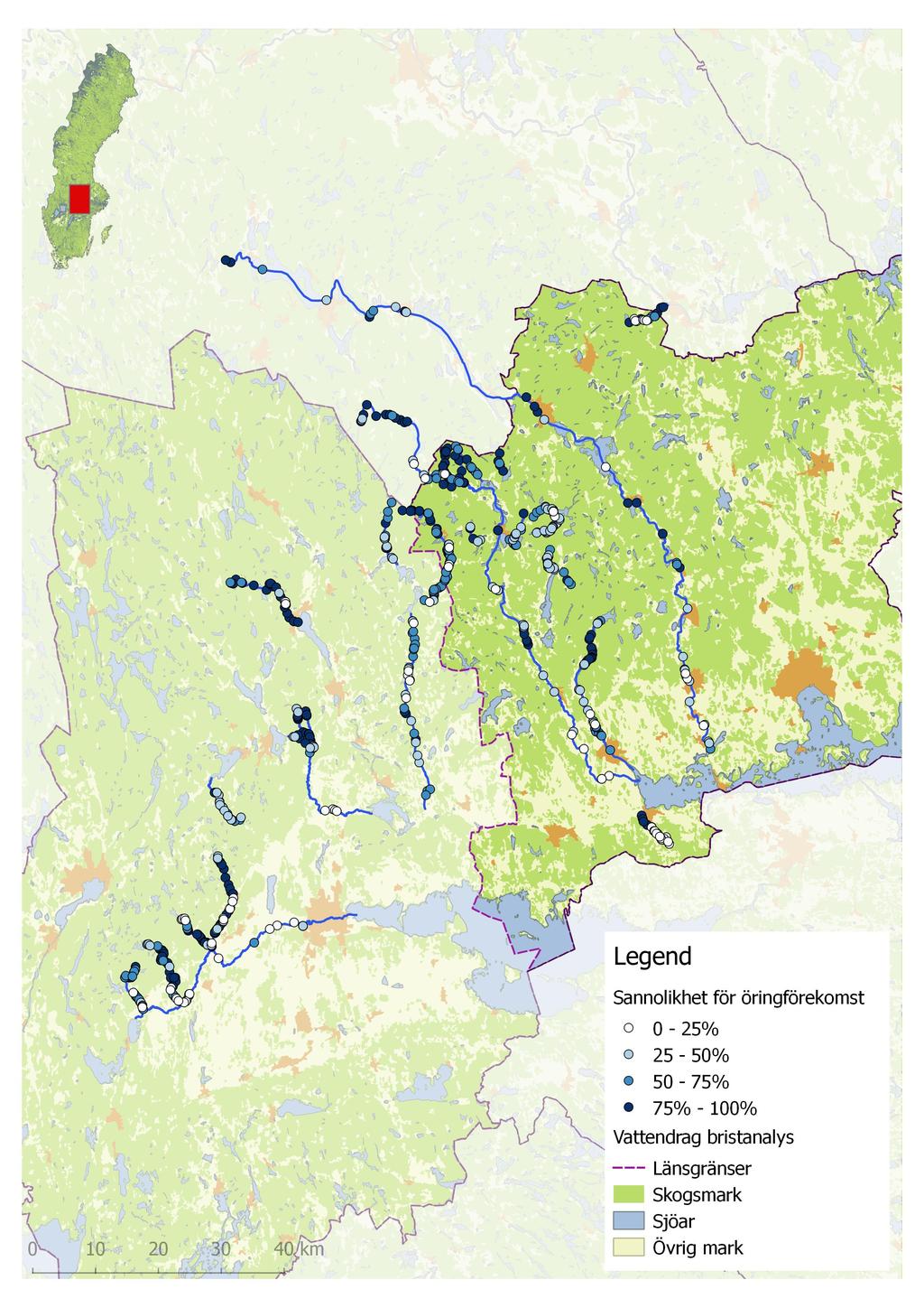 Strömhabitat för öring i 26 vattendrag Örebro & Västmanland.