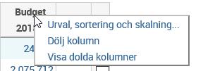 Följande inställningar kan göras genom att markera önskade parameter. Detta går att göra för alla kolumner. Ändringar som görs i bilden återställs när man går ut från bilden och sparas alltså inte.