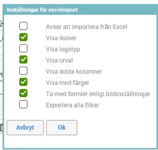 På fler sidor finns det information om vad som gäller för sidan: Knappen Till Excel används när du vill överföra den bild eller bilder som visas till Excel.