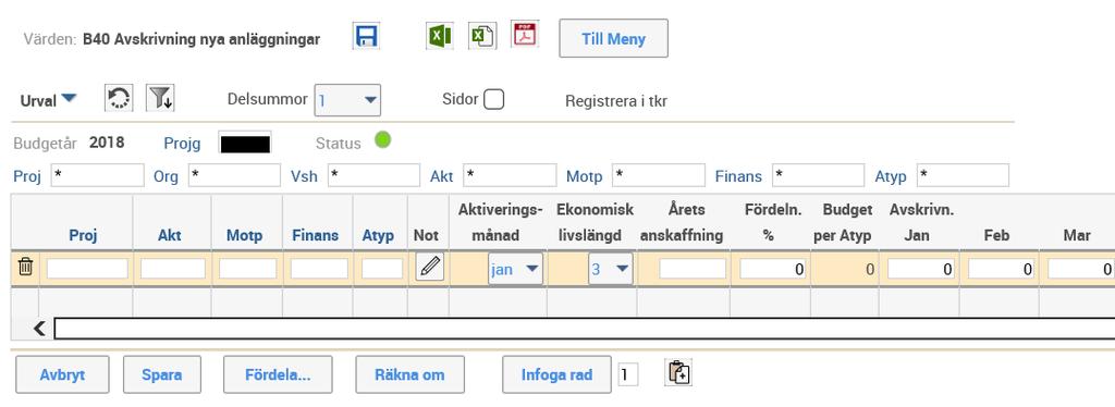 Välj projektgrupp och tryck enter. För att lägga till en ny anläggning trycker man på Infoga rad och fyller i uppgifterna för anläggningen.