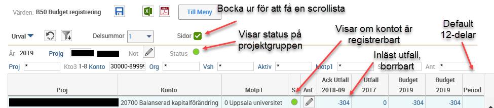 Välj en projektgrupp och tryck enter så visas alla projekt inom projektgruppen som har värden i någon av kolumnerna Ack utfall, Utfall eller Budget föregående år.