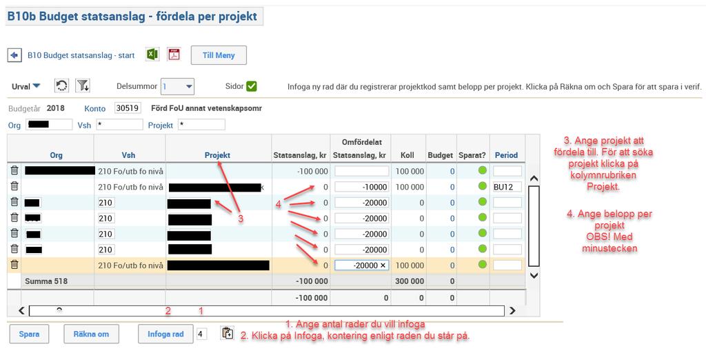 Stäm av och spara statsanslag För att spara, klicka på Räkna om > Ändrade värden markeras med grönt > Spara. Nu visas en sammanställning och eventuell avvikelse dyker upp på flera ställen.