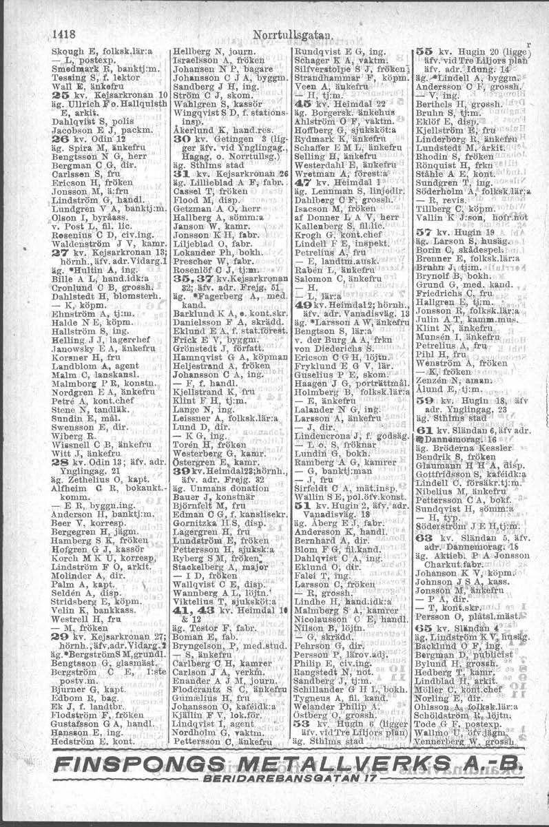 ,1418 Skqugh E, folkskjär: a -L.;""postexp. Smednr.""'lf R, banktj.m, Tessi!1g )3;.f. lektor wsn E, änkefru ' 2G kv, Kejsarkronan 10 äg. Ullrich F o. Hallquisth E, arku.