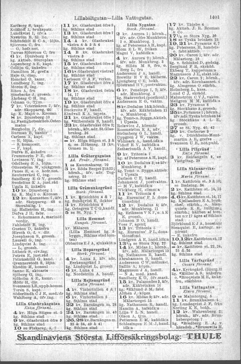 Karlberg S, 'kapt. Kolthoff l,' brukspatt. Lundihist l, öfv:a Nyström B, fil. lic. Sohönfeldt H C A, löjtn. Sjöcrona e, fru - G, hofr.not. 'l'arras-sjöcrona e, fru 6 kv. Djursborg 9 "g. Aktieb.