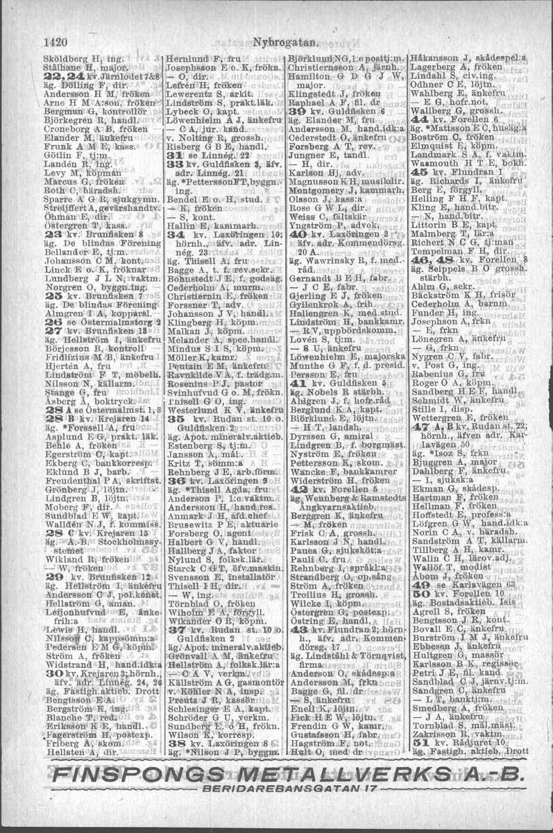 \ 1420 Nybrogatan. Sköldberg H,'4ng. j Hernlund! F;',fru. u.h Björkluntl:NG,l:eposttj:lJ\. IHåkansson.il, s)<ll.desl1el:aj Stålhll1ie'.Il"m!lJor. Josepbsson E o. 'K,'frölm. Christiernsson A, jä,~nh.
