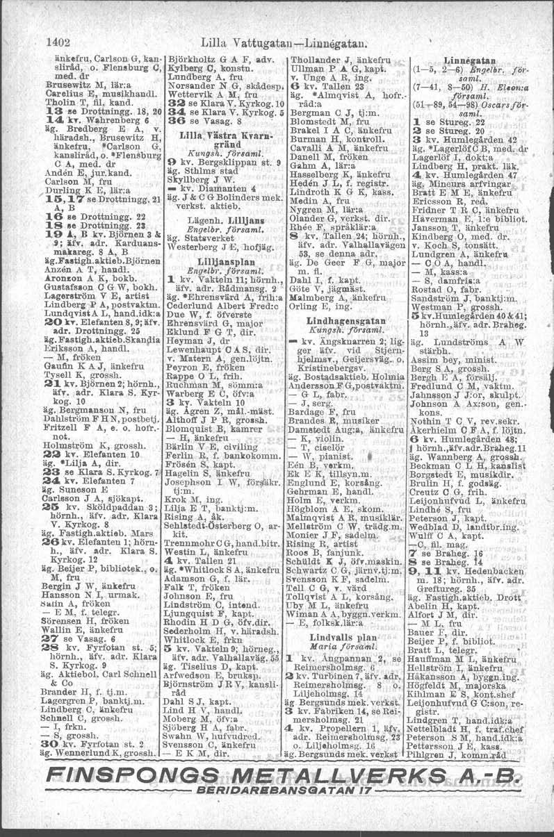 1402 änkefru, Carlson G, kansliräd, 'o. FlensbUl'g O, med. dr BrUS6witz M, lär:a Carelius :El, musikhand!. Tholin T, fil. kand. 13 -se Drottningg. 18, 20 14. kt. Wahrenberg 6 äg. Bredberg E A, v.