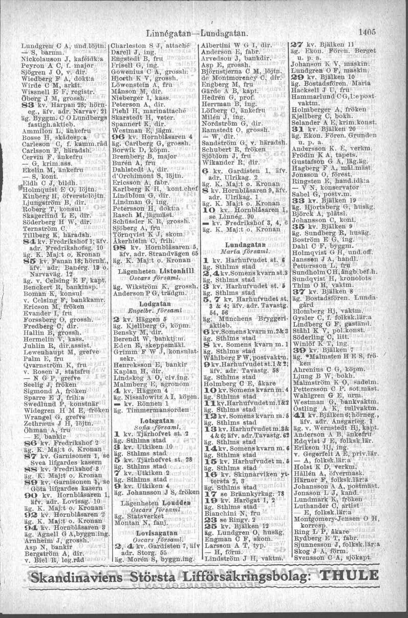 - Anderson Linnågaban-c-Lundugatan. i 1405 Lundgren, C A, und.löjtn! Charleston S. J, 'attaehe AlbertIni W G I,'dlr. 27 kv. lljl'lke.ti II _ S, barnm, t ~I ~ ~ 'Dal'en JJ ing.. < Et fapt. "'.'." " äg.