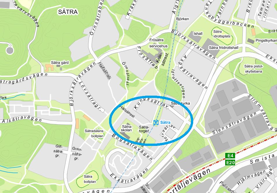 Sida 3 (7) Bakgrund Bild 1, Karta över Sätra där centrumområdet markerats i blått Projektet är beläget i Sätra centrum, i Skärholmen.