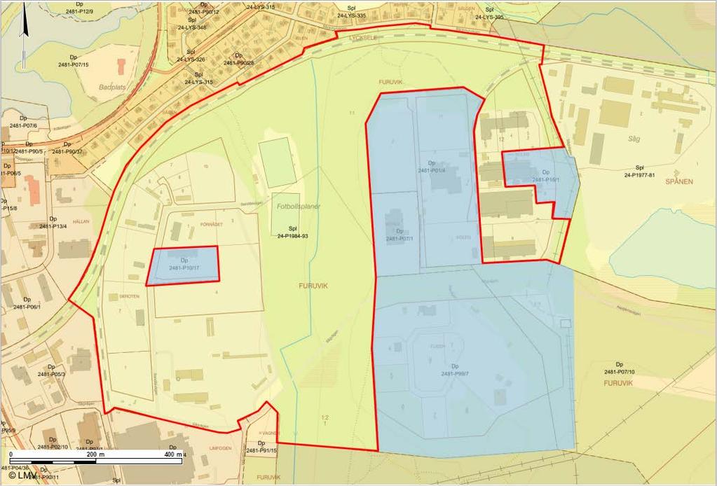 Figur 4 Detaljplaner i området. Röd linjer markerar gällande planområdesgräns, blått område markerar områden som tidigare ingått i planen men ersatts av nyare detaljplaner.
