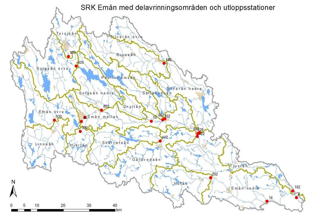 8 Figur 4 Karta över Emåns avrinningsområde med delavrinningsområden och de stationer som utgör utloppsstationer för transportberäkningar (se tabell 1). Tabell 1.