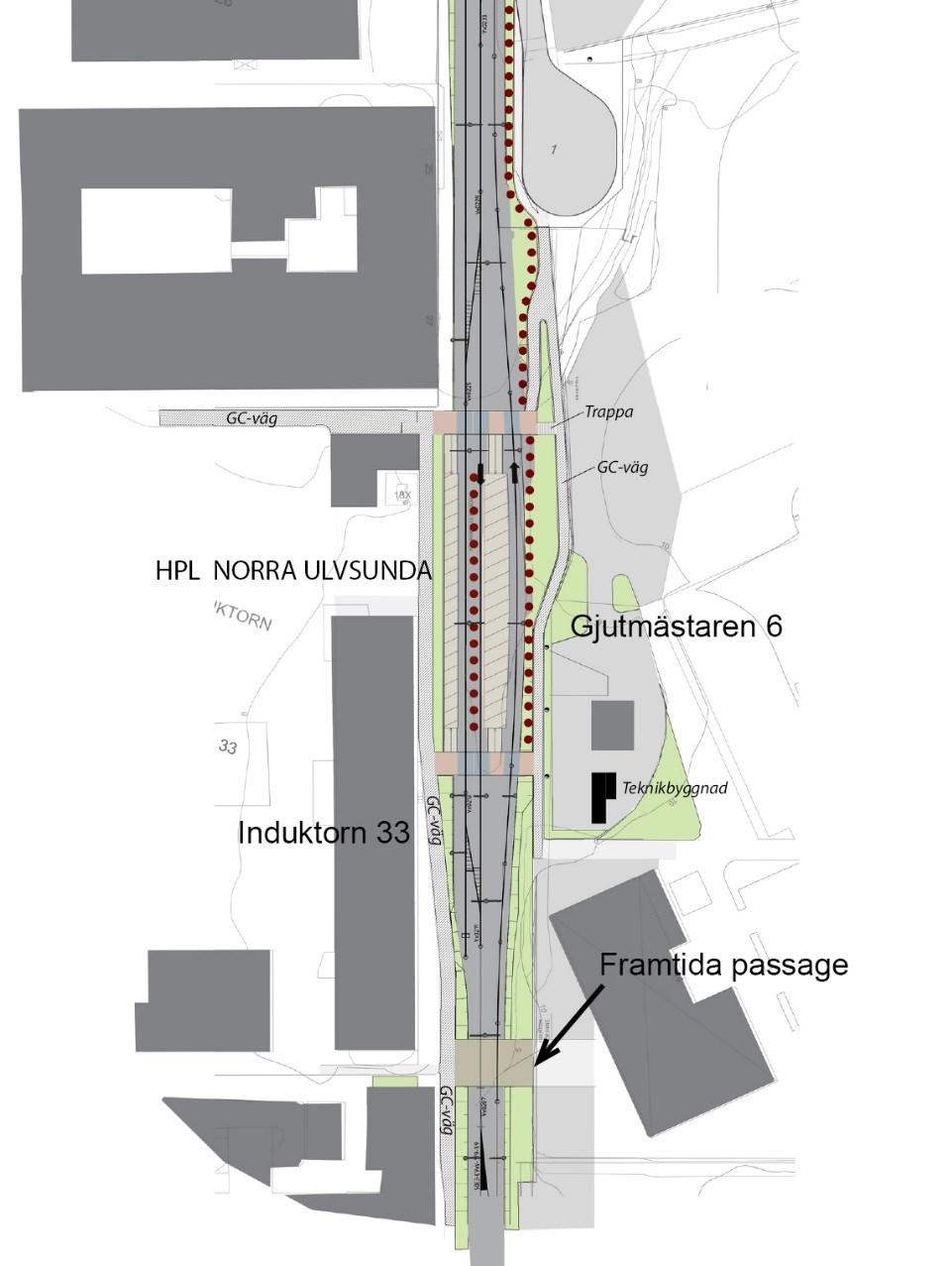 Sida 6 (11) Bild 2. Illustration över planerade hållplatsen i Ulvsunda industriområde. Masugnsvägen Det utökade spårområdet på sträckan medför att Masugnsvägen smalnas av något jämfört med idag.