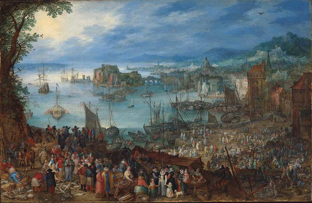 Figur 3 Jan Brueghel den äldres "Den stora fiskmarknaden (1603) 4 Bakos (1998) uttrycker detta genom att lyfta fram tre huvudsakliga marknadsfunktioner: att matcha köpare och säljare (matchning) att