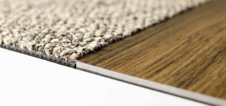 LVT Meet Carpet Why Our Modular Resilient LVT? Core Sheet Print Film Wear layer with Ceramor coating Integrated System. Say goodbye to transition strips and doubling up.