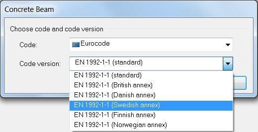 3.2.1 Concrete Beam Det första steget som görs när programmet öppnas är att välja vilken tolkning av eurocoderna som byggnaden ska konstrueras efter.