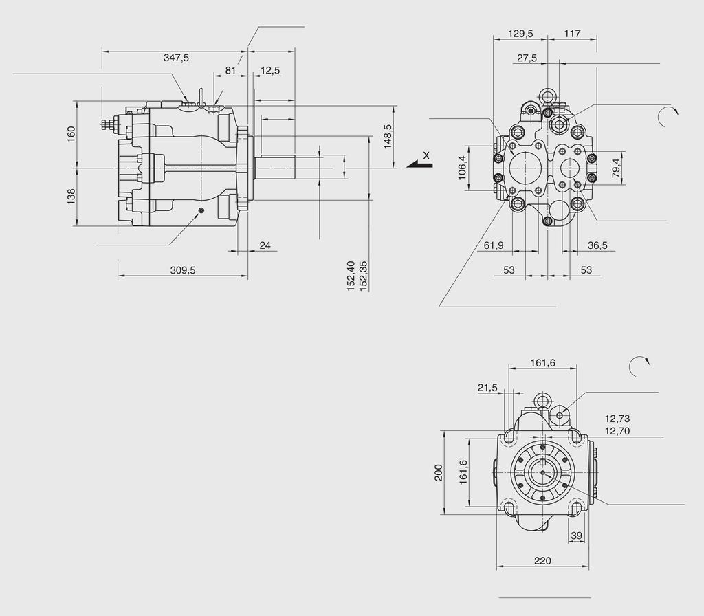 2.2.29 V100-180 V100-180 mit Druckregler 01 Befüllanschluss * SW 27 76 Förderstrom SW 19 Gehäuseentleerung SW 5 44 "D" "F" tief 8 Stück Druckregler "E" "F" tief 82 * umpe mit Befüllanschluss