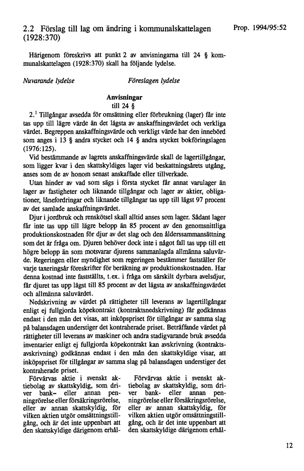 2.2 Förslag till lag om ändring i kommunalskattelagen (1928:370) Prop. 1994/95:52 Härigenom föreskrivs att punkt 2 av anvisningarna till 24 kommunalskattelagen (1928:370) skall ha följande lydelse.