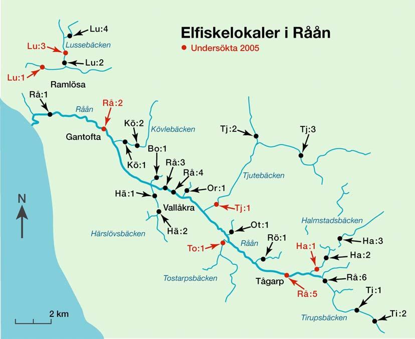 Figur 1. Elfiskelokaler i Råån undersökta i perioden 1992-2005. Lokaler som fiskades 2005 är rödmarkerade. Tabell 1.
