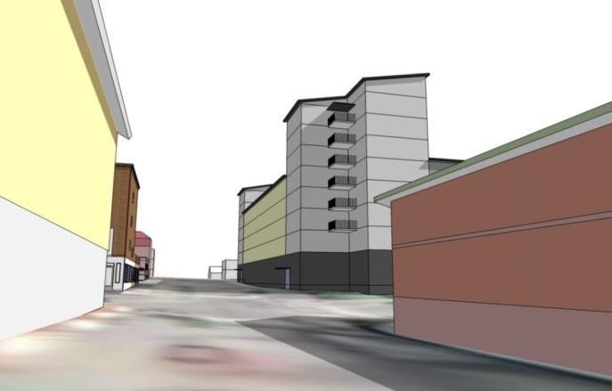 Fredsgatan från söder (alléer kommer huvudsakligen att finnas kvar). Bild: Mondo arkitekter Illustrationerna är volymsstudier som ger en ungefärlig uppfattning om hur det kan komma att se ut.