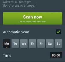Vill du även kontrollera minnet i telefonen bockar du för Scan storage. Peka på Scan now. Nu startar sökningen.