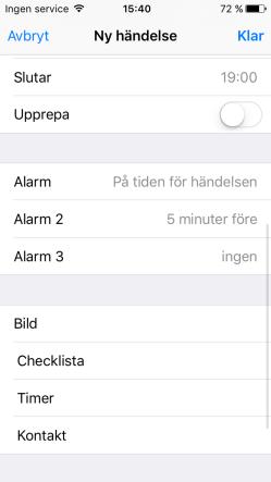 Påminnelse kan innehålla bild text, checklista kontakter och timer.