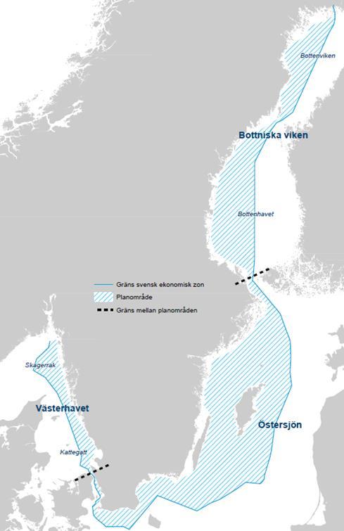 Havsplanering Havsplaneringsförordning (2015:400) Karta som visargrunddragen för användningen av havsområdet Tre planer Bottniska viken, Östersjön, Skagerrak/Kattegat En nautisk mil (1852 m) från