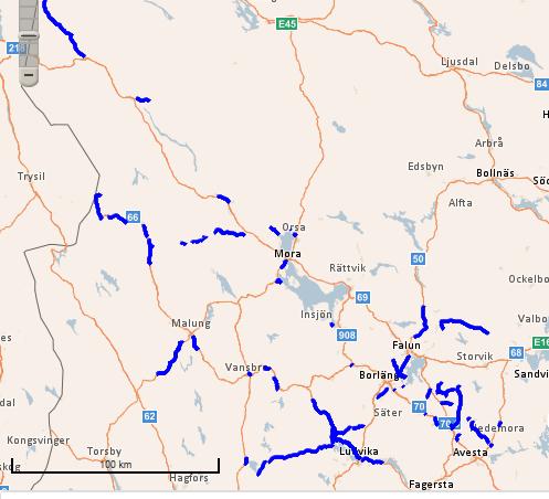 Antal meter väg/kf-längd registrerad med beläggningsår 2018, i Dalarna Villkor: Obs, sökningen visar