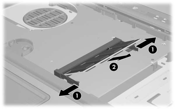 Maskinvarukomponenter 12. Ta bort minnesmodulen från minnesmodulplatsen: a. Dra bort platshållarna 1 från minnesmodulens båda sidor.