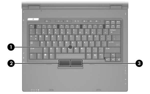 Pekdon och tangentbord Pekdon (bara vissa modeller) Komponent Beskrivning 1 Pekdon Flyttar pekaren och väljer eller aktiverar objekt på skärmen.
