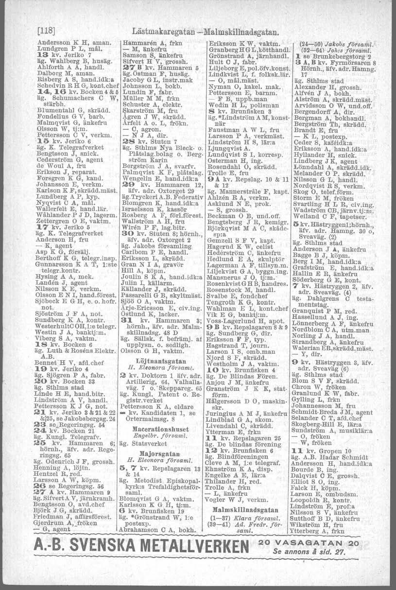 [118J Liistmakaregatan- Malmskillnadsgatan. Andersson K H. aman. Hammaren A, f,.lm Eriksson K ~W;vaktm, (24.. QO)Jakobs lör8.""d. Lundgren P L. mål. >- M.