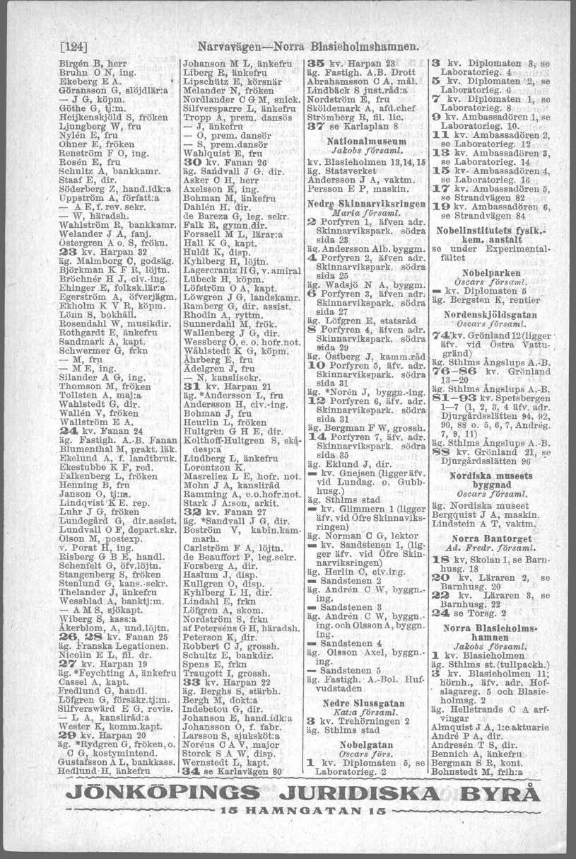 [124] Narvayägen~Nol'i'a Blasieholmshamuen, Btrgån B, 4,e'rr Johanson' M t,änkefru 35 liv. Harpan 23_' Bruhn. O N, ing. Liberg R; änkefru.' äg. Fastigh. A.B. Drott Ekeberg E A. Lipschll.