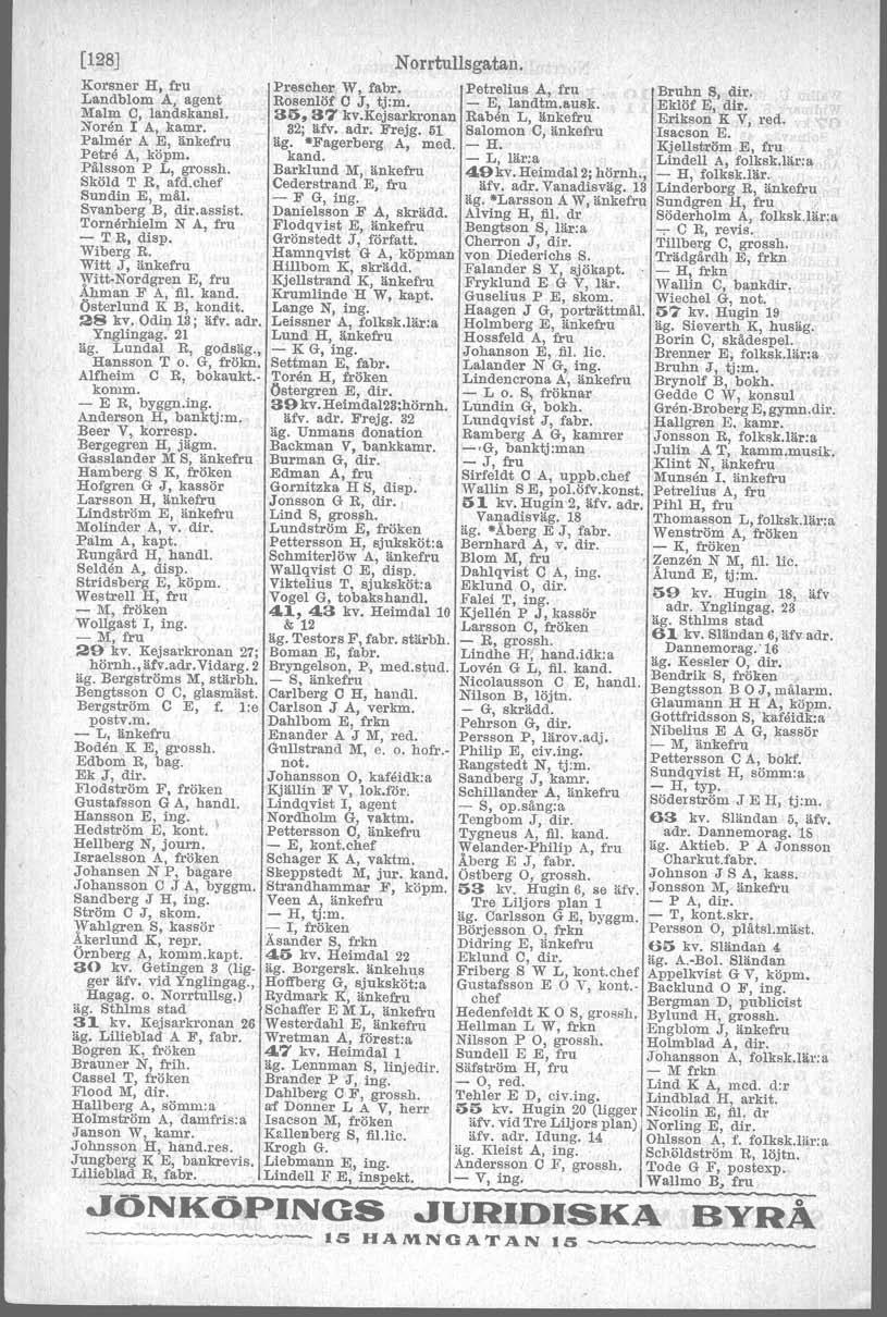 [128J Korsner H,. fru Landblom A, agent Malm c, landskanal. Noren I A, kamr, Palmer.A E, änkefru Petee A, köpm, Pålason P L, grossh, Sköld T R, afd.chef Sundip. E, mål.'. Svanberg B, dir. assist.