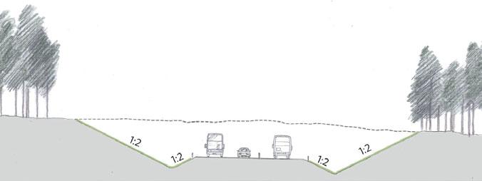 För att minimera ingreppen genom skärningen i Bölekläppen görs såväl innerslänter som ytterslänter branta, lutning 1:2, och sidoräcken sätts upp längs vägen.