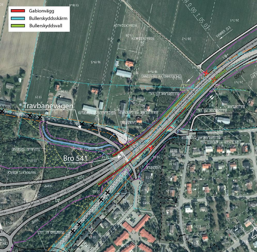 4.4 Trafikplats Röbäck och grustaget 4.4.1 Vägen Den föreslagna vägsträckningen följer i princip befintlig sträckning av Nya Skravelsjövägen förbi bostadshusen i anslutning till Travbanevägen. 4.4.2 Bullerskydd Vägen kommer att schaktas ned mellan 0,7-1,2 meter.