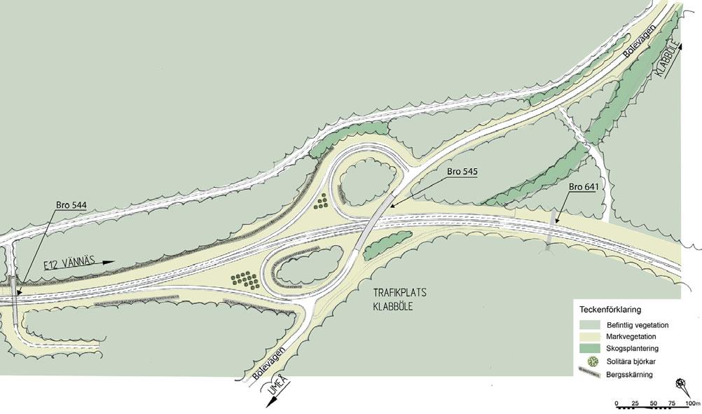 4.5 Lidberget och trafikplats Klabböle 4.5.1 Vägen genom bergskärning Efter grustaget korsar vägen skogsmark av tallhedtyp, hällmarksterräng, blåbärsgranskog samt tjugoåriga föryngringsytor.