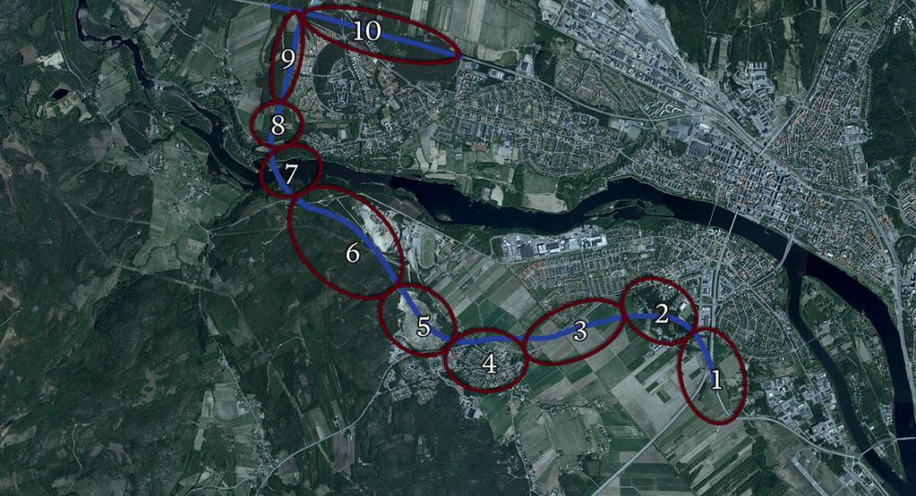 Figur 2. Ortofoto med de tio karaktärsområdena markerade. Karaktärsområden 1. Tegsrondellen - Slättlandskapet möter staden. 2. Bölekläppens skol- och rekreationsskog 3.